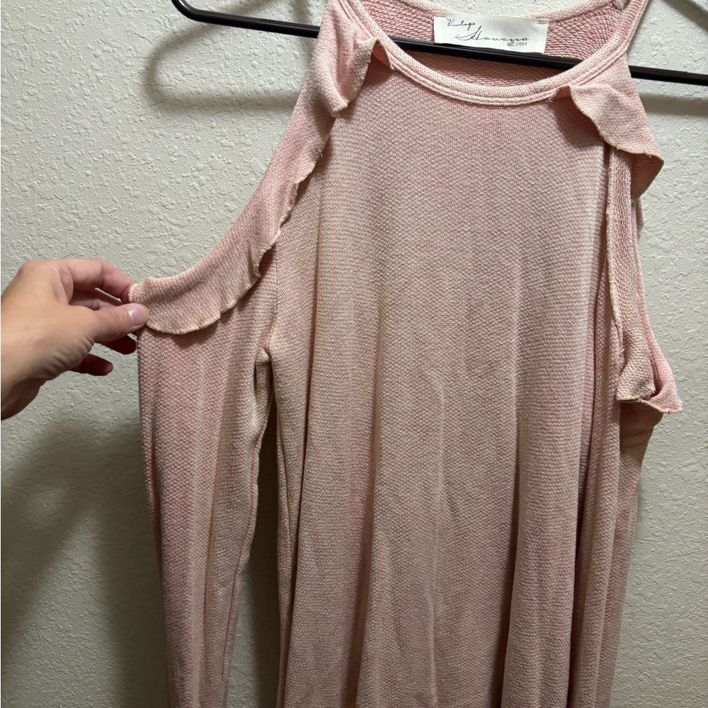 Vintage Havana Cold Shoulder Ruffle Knit Top Blush Pink Long Sleeve Small